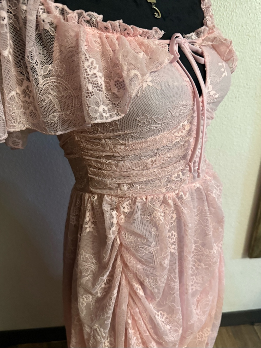 Sugar Thrillz Ruled By Love Pink Floral Lace Draped Maxi Dress •Size S• - Picture 3 of 10